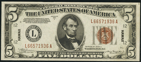 1934a Five Dollar Federal Reserve Notes Hawaii Brown Note