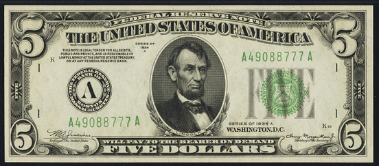 1934a Five Dollar Federal Reserve Note