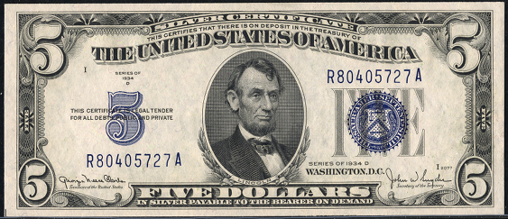 1934d Five Dollar Silver Certificate