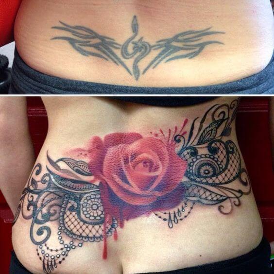 cover up rose flower lace tattoo design on lower back