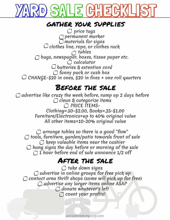 Yard Sale Printable Checklist