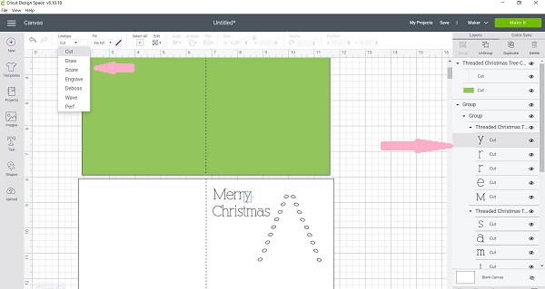 Showing the Christmas Tree card cut, draw or score options in Design Space