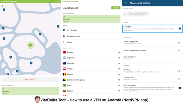 How to use a VPN on Android. The 3 best Android VPN apps according to RoboBat 31 Screenshots of the NordVPN app - Quick Connect, CyberSec, location selection - Best Android VPN app