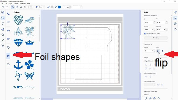 Foiled rose card template file on the Canvas Workspace mat adding the Brother foil rose shape that is included in the Brother Foil Kit.