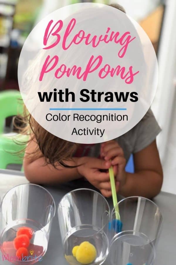 This pom pom blowing activity is great for helping toddlers recognize their colors and practice oral motor skills. Super fun indoor activity that will educate as well as entertain your toddler! #indoorplay #toddleractivities #finemotorskills #toddlerplay