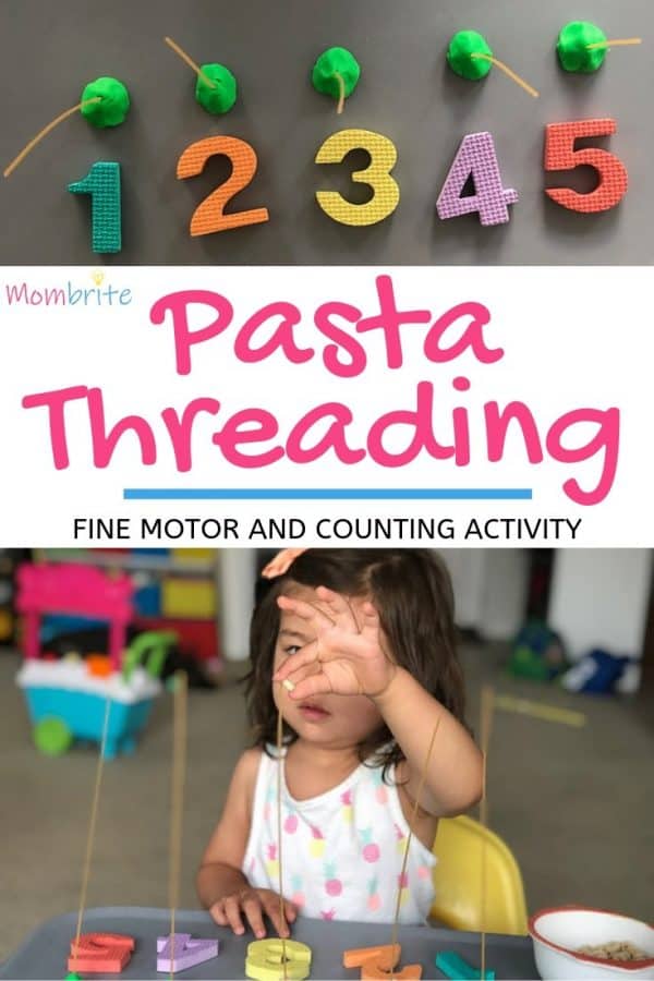 Want a simple and fun counting activity made out of only Cheerios, spaghetti strands, and playdough? Your toddlers will practice fine motor skills as well as learn how to count through this pasta threading activity!