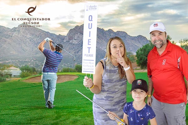 Phoenix greenscreen photo booth at PGA Phoenix green screen photo booth at PGA showing family as SHHHH attendant