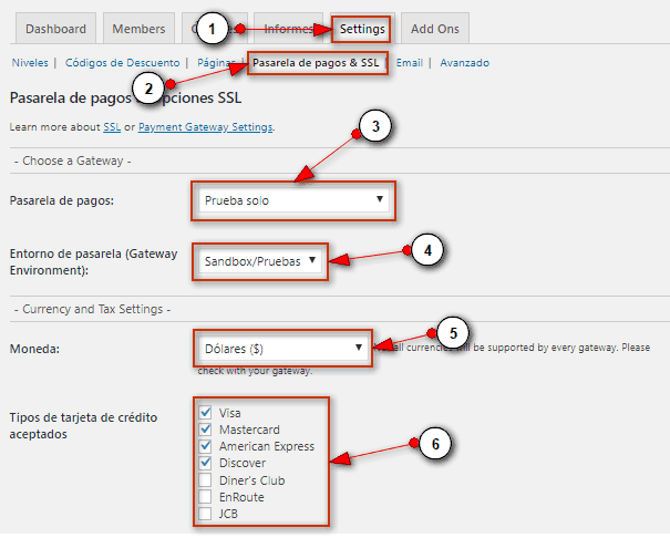 Describe como configurar la pasarela de pago en modo de pruebas
