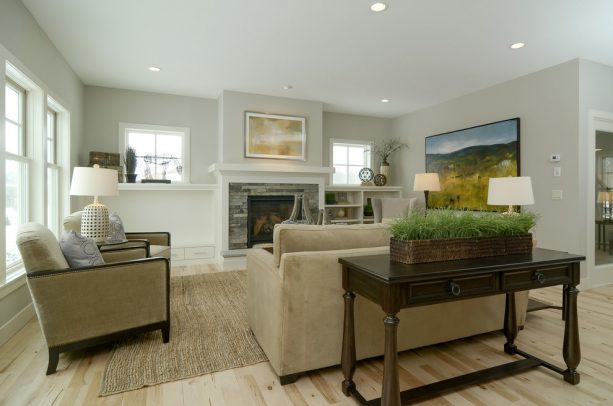 farmhouse living room with Sherwin-Williams worldly gray SW 7043 wall paint color