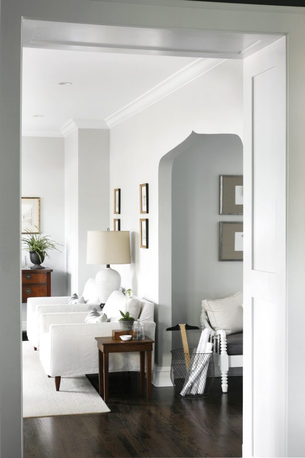 transitional family room with Benjamin Moore gray owl 2137-60 warm gray paint color