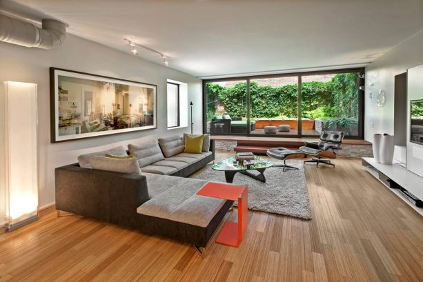 grey and brown living room with two-tone sectional couch