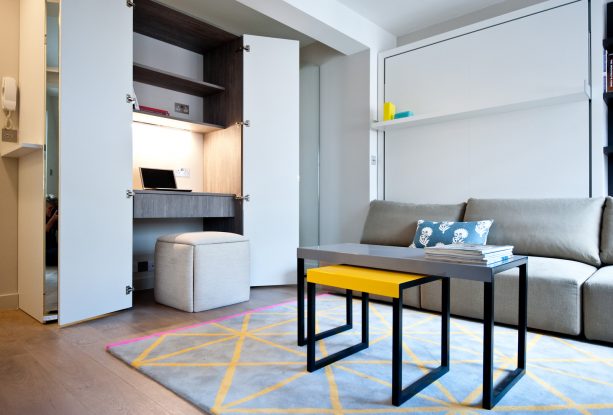 grey living room with mustard details