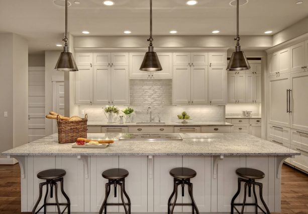 off-white cabinets in a white transitional kitchen