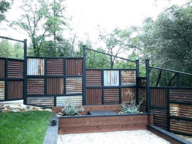 rusty corrugated metal fence with vertical and horizontal design