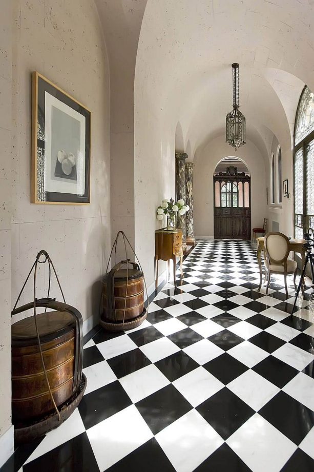 black and white ceramic tile in a traditional hallway