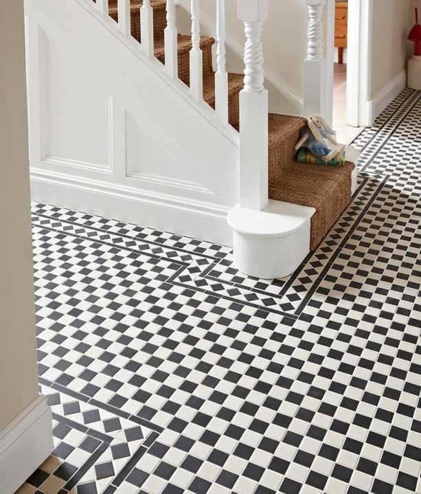 black and white checkered mosaic porcelain floor