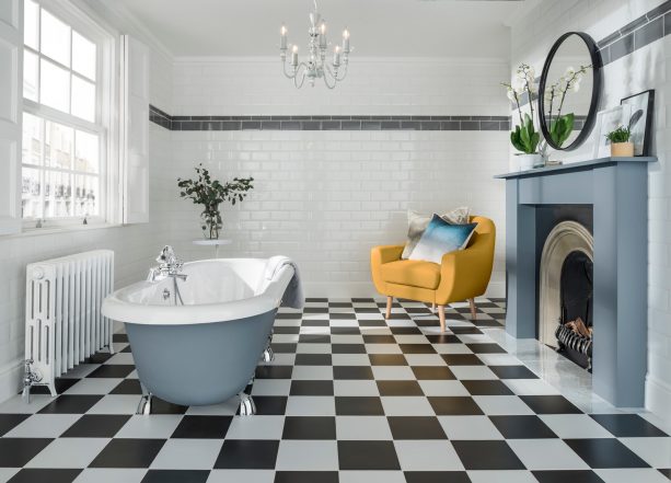 surreal black and white floor in a contemporary bathroom