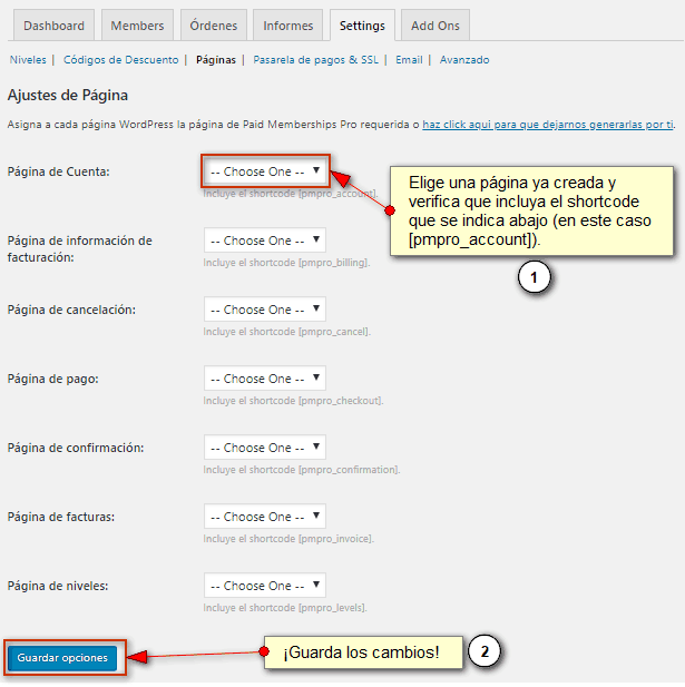 Muestra el gestor manual de páginas de Paid Memberships Pro