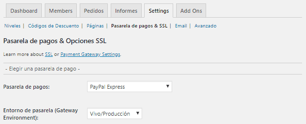 Muestra las opciones de Paid Memberships Pro de pasarela de pagos
