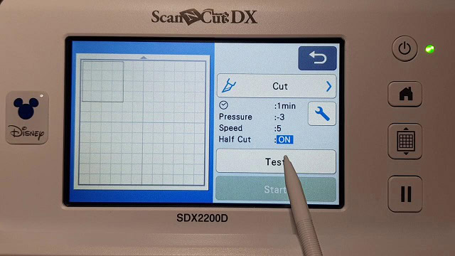 Add a test cut to make sure the set up for the Half Cut is correct by selecting Test on the pictured screen