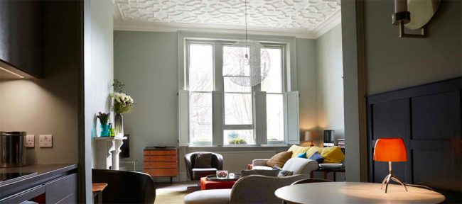Living room with period sash windows, traditional sash windows in South London