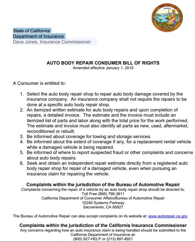 California Auto Body Repair Consumer Bill of Rights Diminished