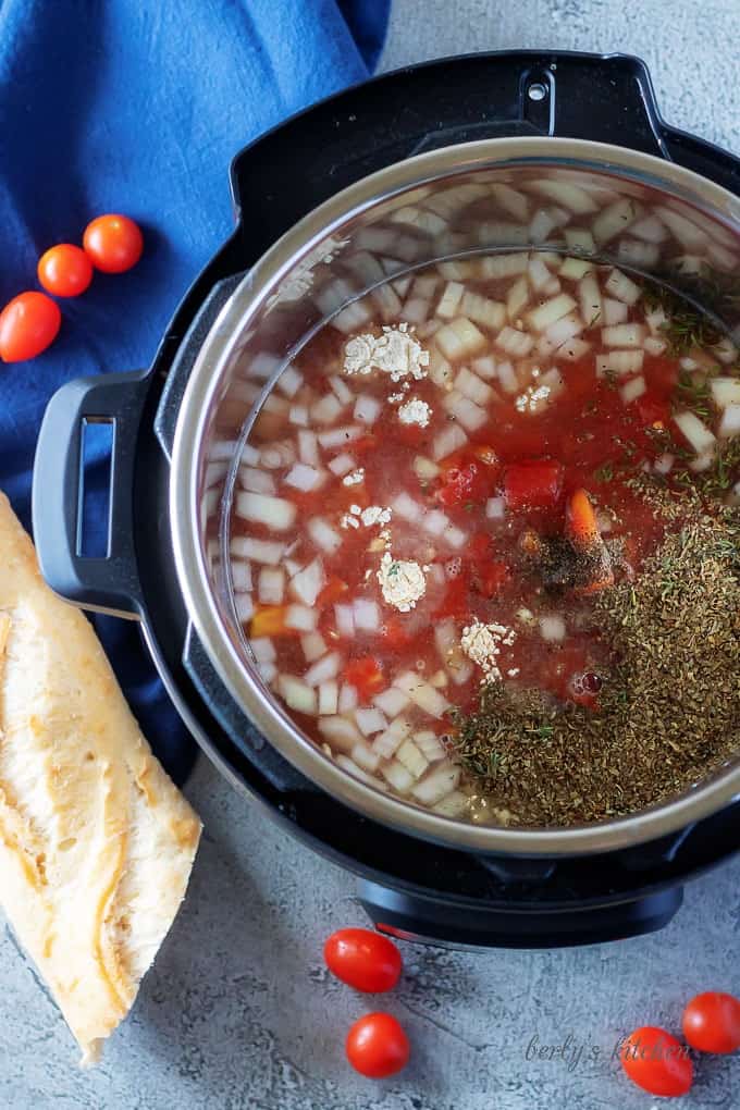 An aerial photo of the ingredients in the instant pot just before cooking.
