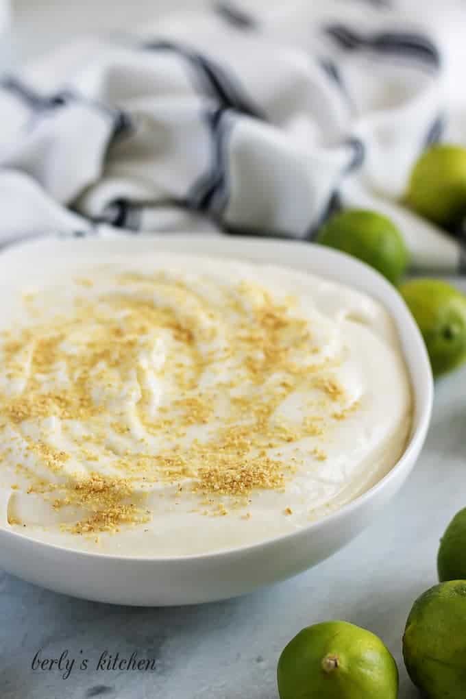 The dip has been blended and topped with graham cracker crumbs.
