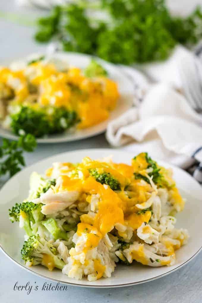 A close-up view of the cheddar topped chicken broccoli rice.
