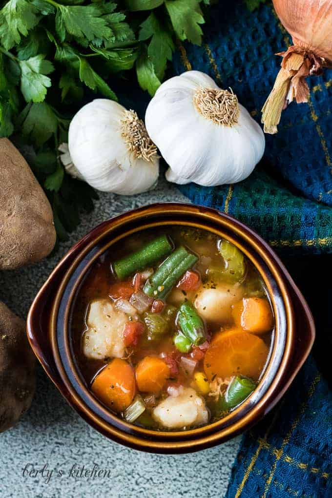 An aerial view of the IP veggie soup in a bowl.