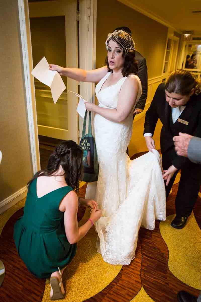 Bride having dress cleaned for article on a Terrace on the Park wedding