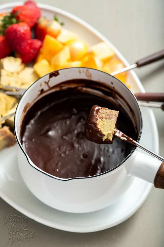 Making Vegan Chocolate Fondue with Pistachio Cheesecake Dippers