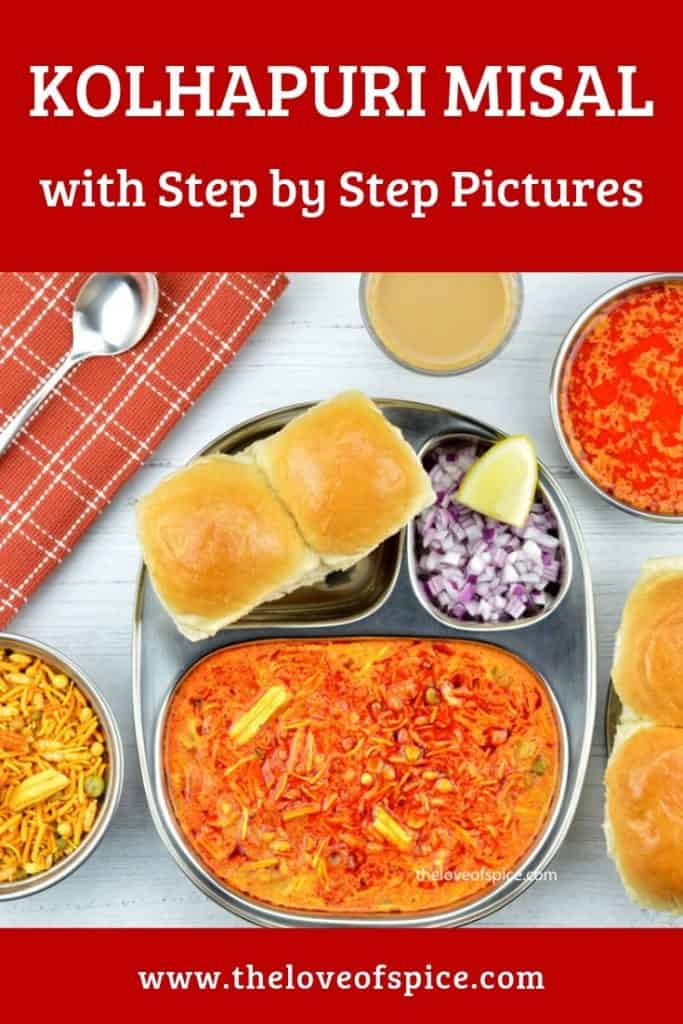 plate of kolhapuri misal served with pav, farsan, tea and tari