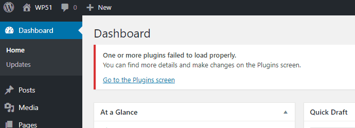 Muestra la notificación al administrador del sitio de que algo anda mal con uno o más plugins.