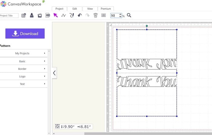Online version of Canvas Workspace with the thank you card uploaded
