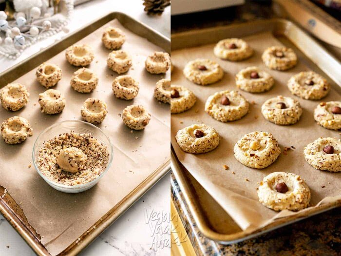 Image collage of coating cookie dough in hazelnuts, then inserting hazelnut in each one