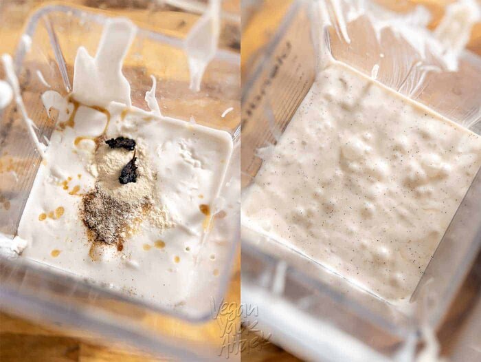 Image collage of blending coconut milk ice cream base in a blender