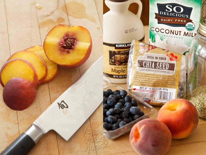 Making Vegan Blueberry Peach Chia Parfait Image collage of sliced peaches and chia pudding ingredients