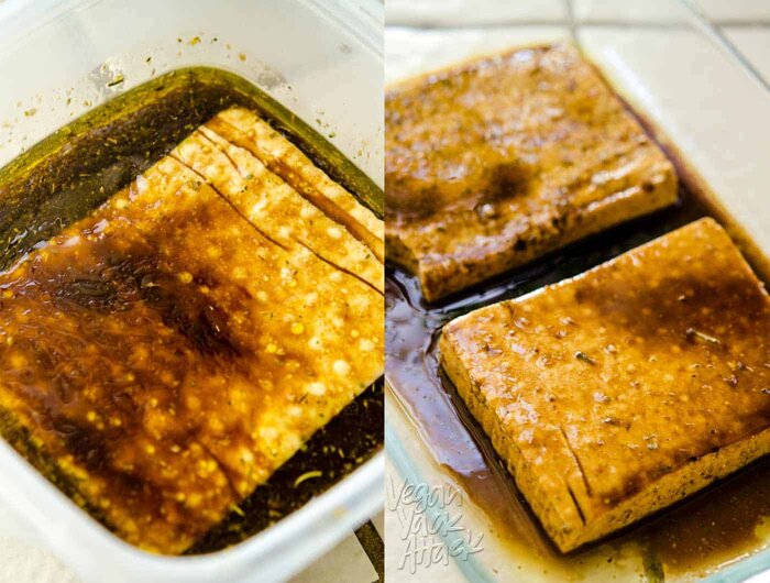 A melody of flavors in this marinated Balsamic Baked Tofu Sandwich come together to produce great results! Nut-free, Vegan Image collage of tofu slabs marinating in balsamic mixture