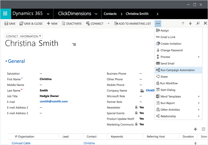 CRM - run campaign automation contact page