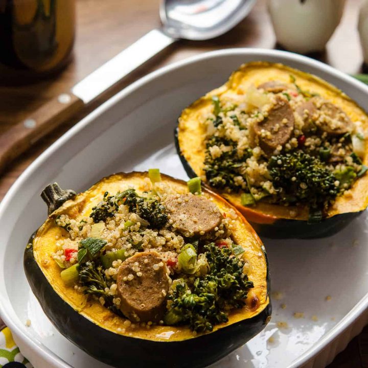 This simple and savory Quinoa-Stuffed Acorn Squash is easy-to-make and filled with nutritious ingredients!