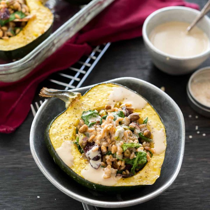 Farro-Stuffed Acorn Squash with Maple Tahini Dressing - delicious, healthy, and easy-to-make! #vegan #soyfree @VeganYackAttack