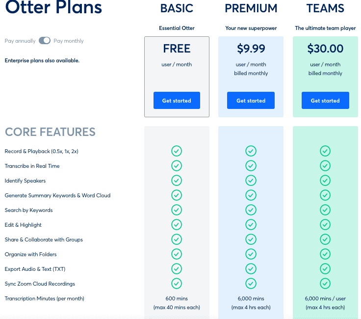 Otter-ai price plans
