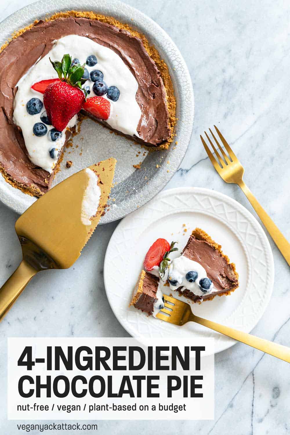 Slice of chocolate pie on a plate next to whole pie and gold pie server