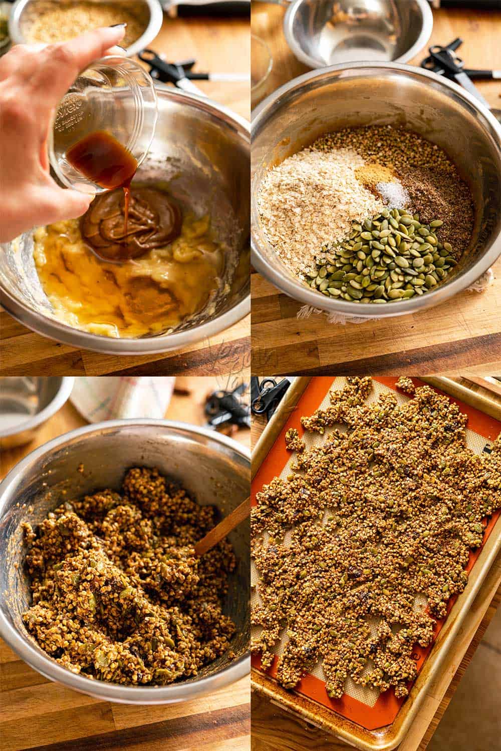 Image collage of mixing and stirring granola