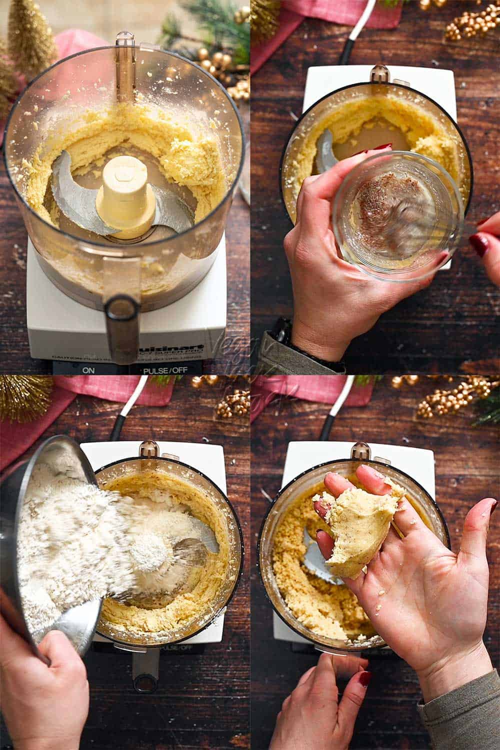 Image collage of making vegan cookie dough in a food processor