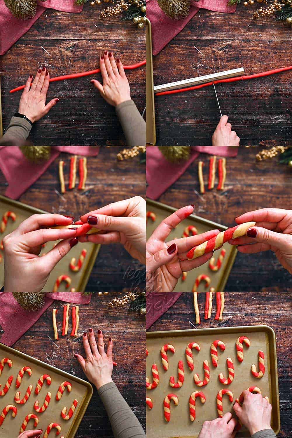 Image collage of measuring and cutting cookie segments, and assembling them into candy cane cookies