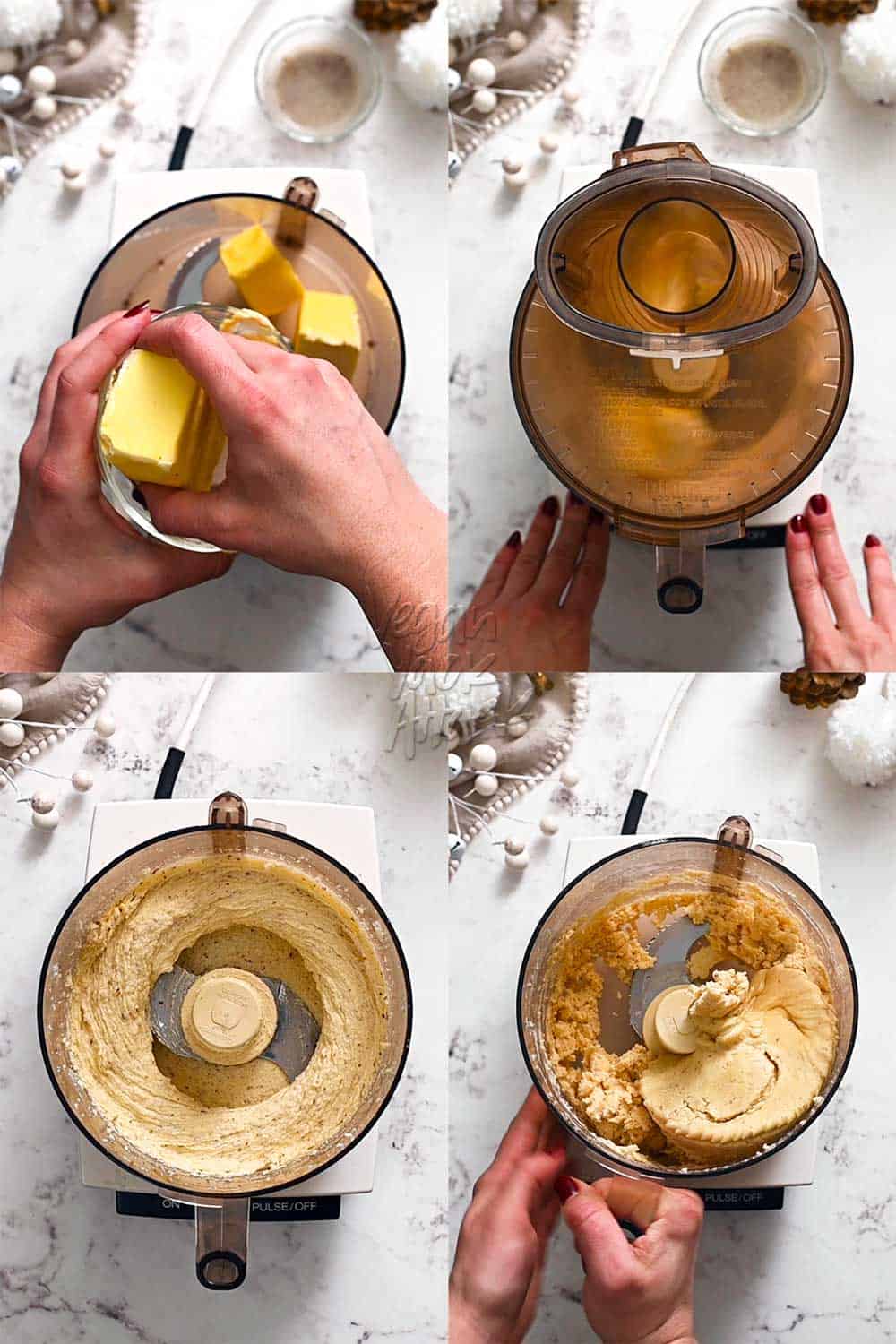 Image collage of making vegan cookie dough in a food processor