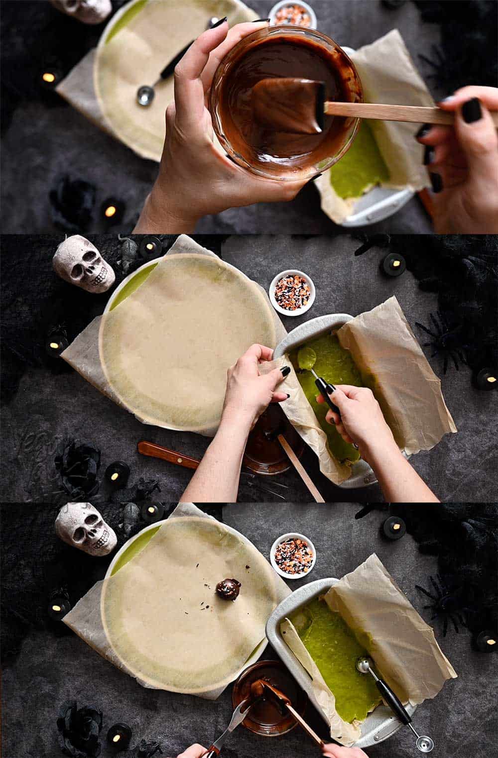 Image collage of vegan truffle-making process, from above