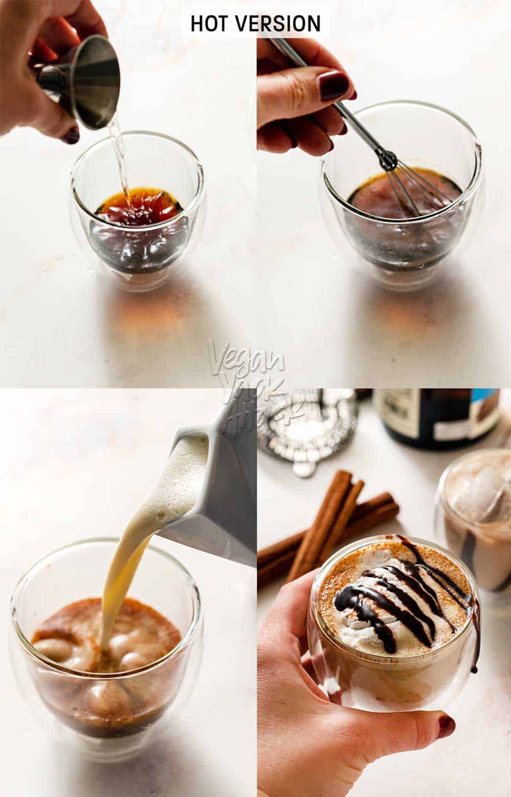 Image collage of assembling hot version of mocha mezcal cocktail in a glass